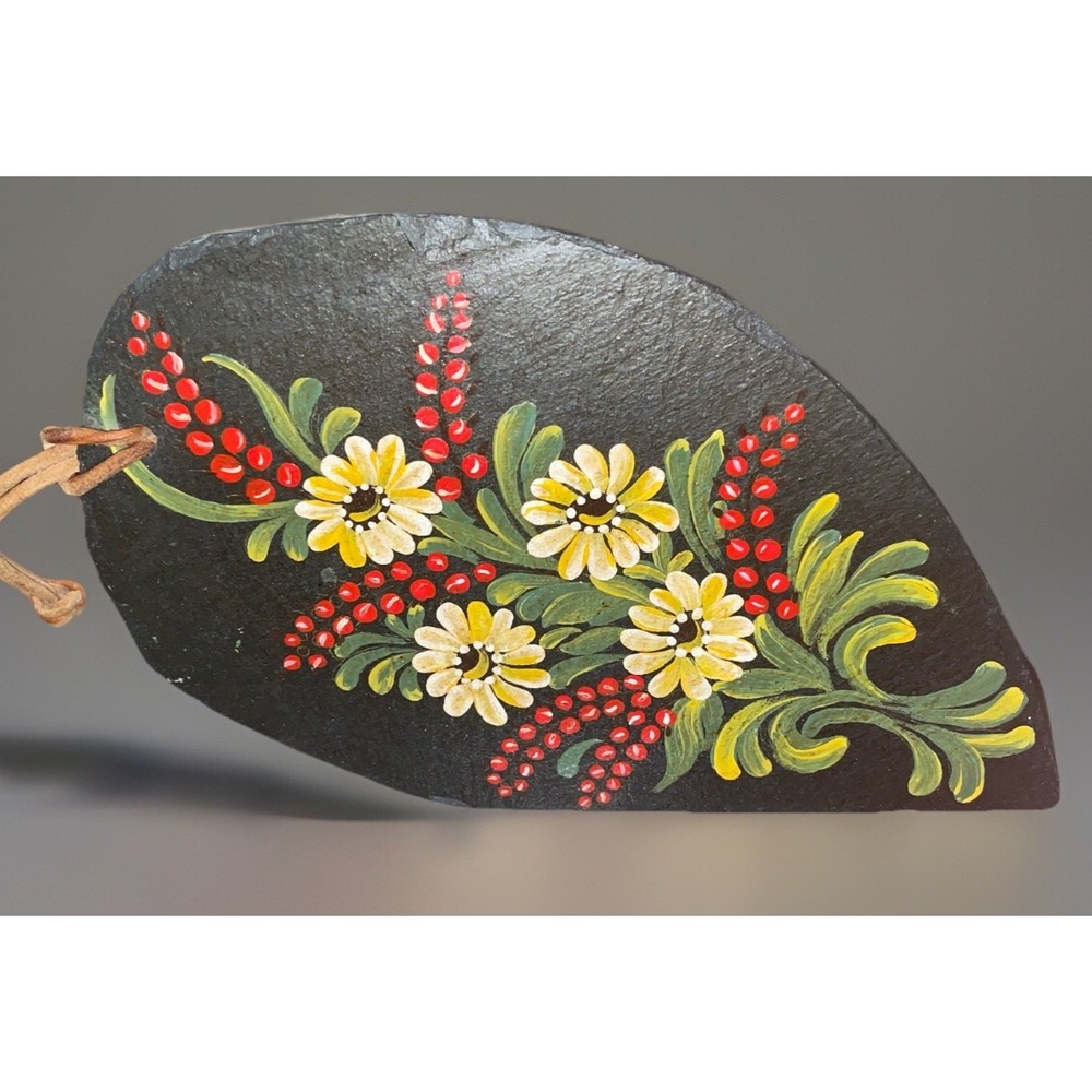 Vintage Hand Painted Slate Floral Plaque Hanging Sign Painted Leather String‎